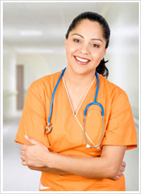 nurse practitioner in orange scrubs